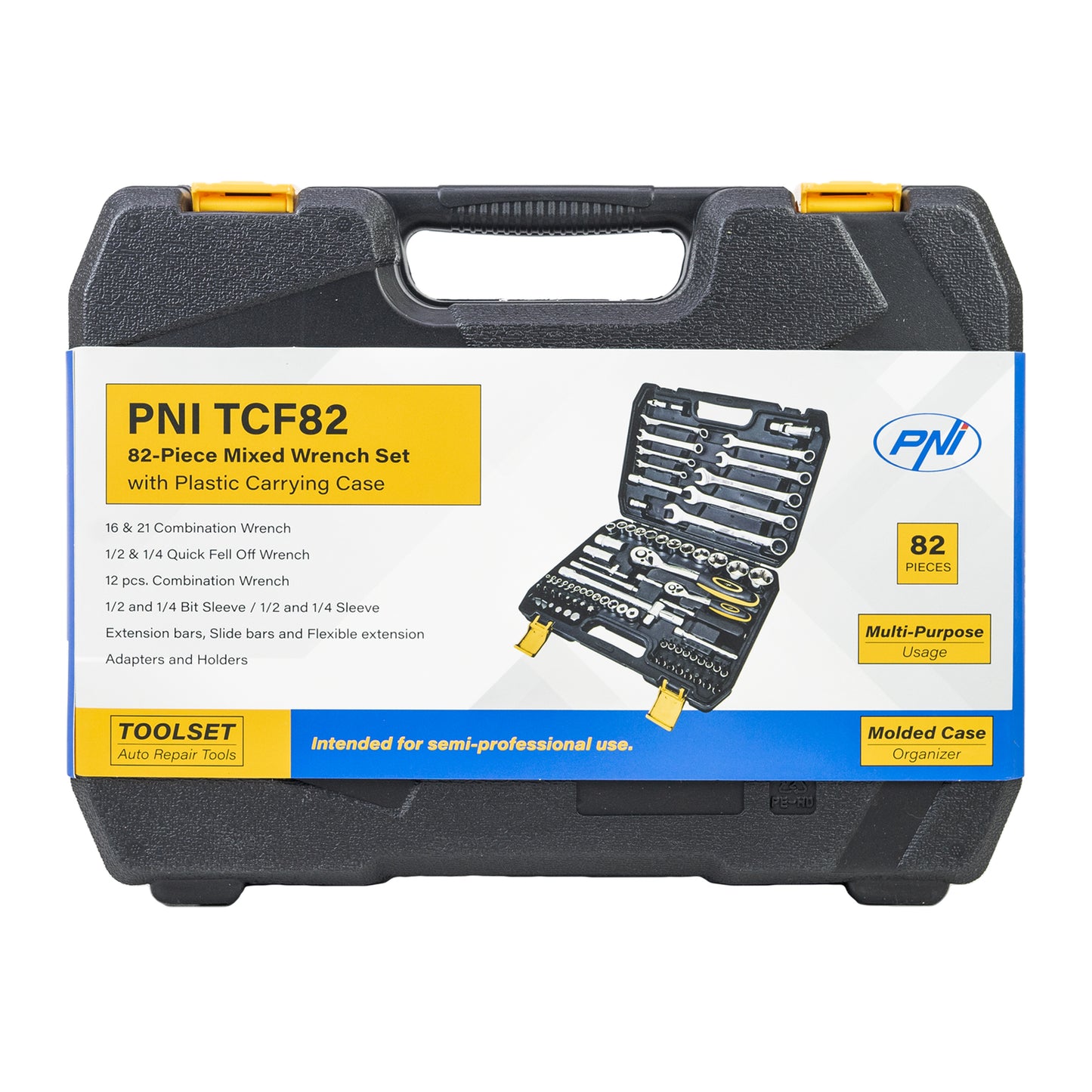 Trusa multifunctionala cu chei tubulare si fixe PNI TCF82 82 de piese, cutie din plastic