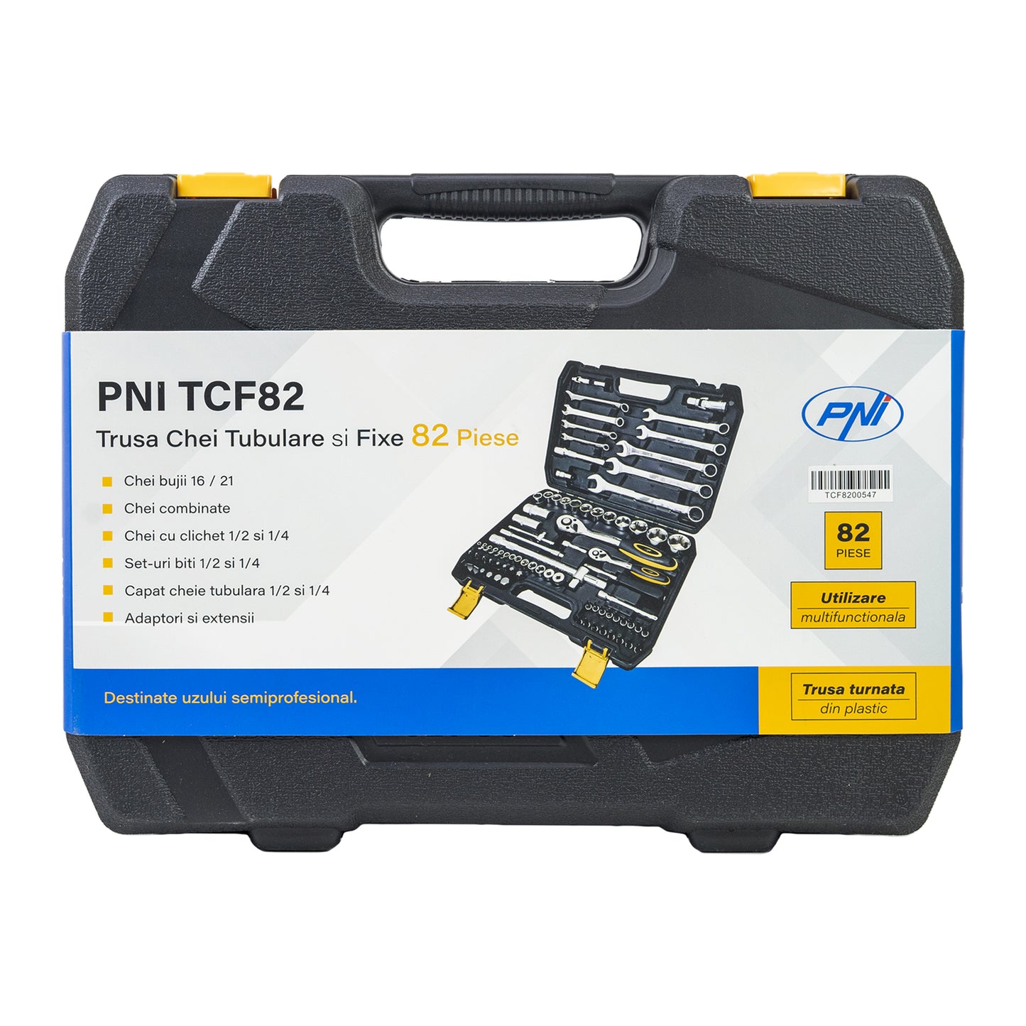 Trusa multifunctionala cu chei tubulare si fixe PNI TCF82 82 de piese, cutie din plastic