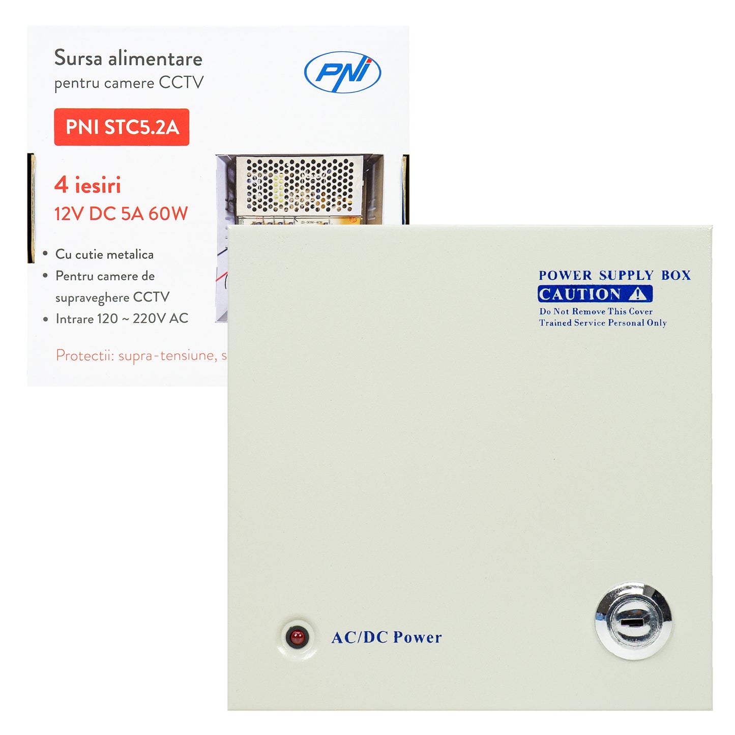 Sursa alimentare CCTV PNI STC5.2A, 12V, 5A, 60W, 4 iesiri, in cutie metalica