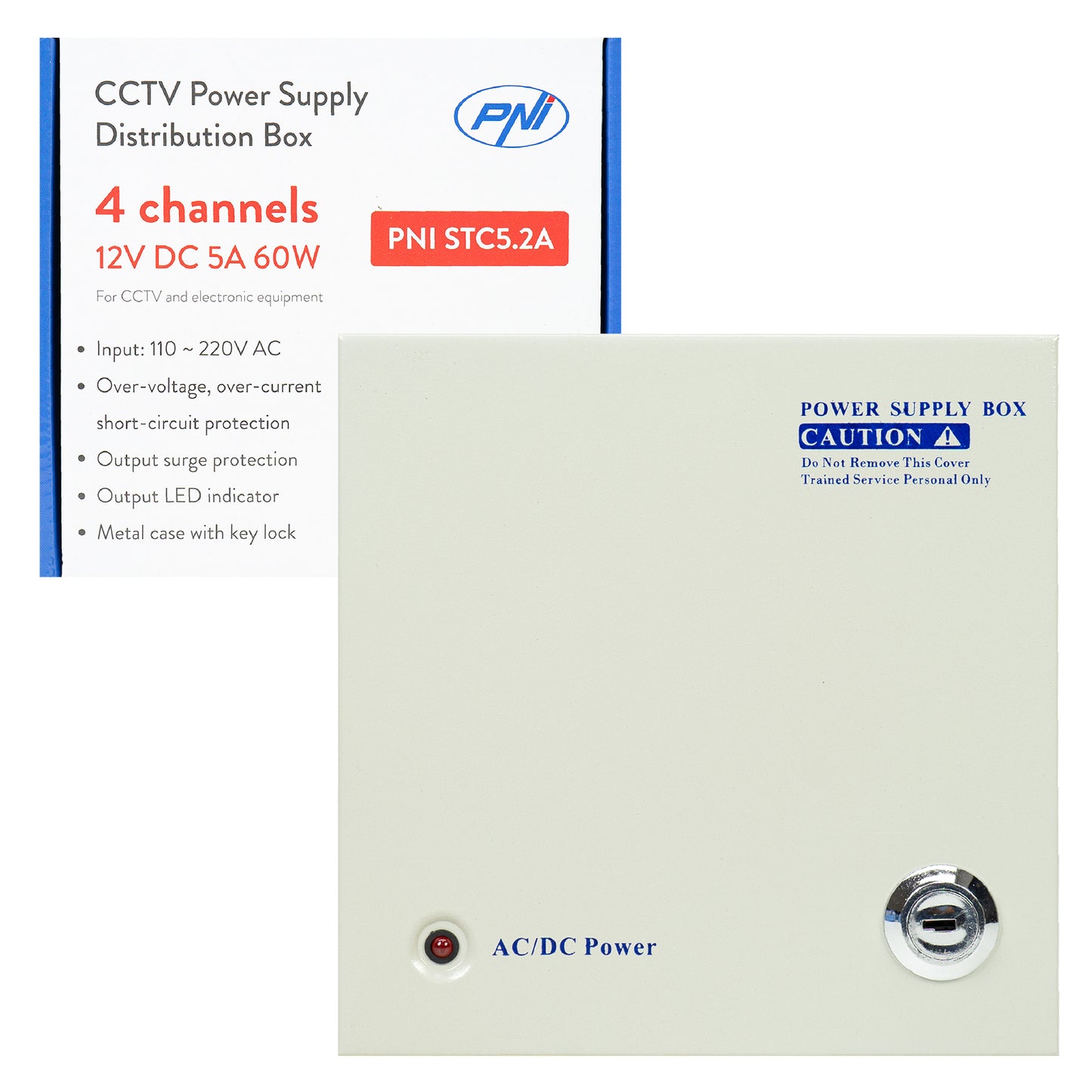 Sursa alimentare CCTV PNI STC5.2A, 12V, 5A, 60W, 4 iesiri, in cutie metalica