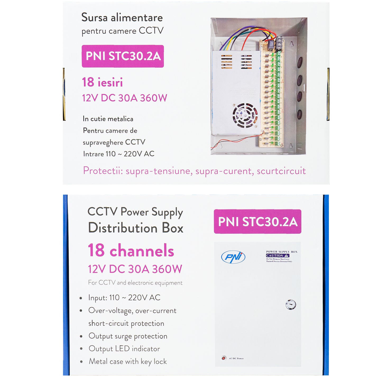 Sursa alimentare CCTV PNI STC30.2A in cutie metalica 12V 30A 360W, 18 iesiri