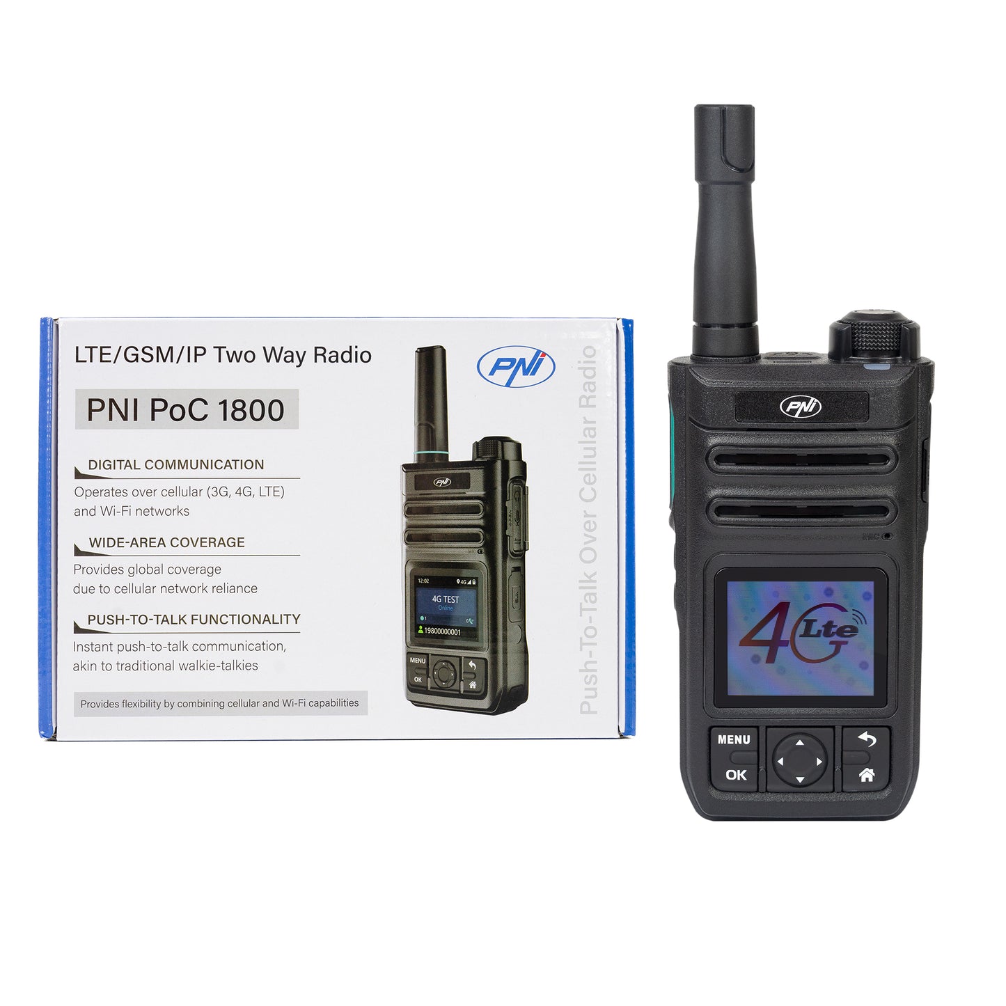 Statie radio portabila PNI PoC 1800, GSM 4G LTE, Wi-Fi 2.4GHz, Android OS, ecran color 1.77 inch, acumulator Li-Ion 4400 mAh, IP54