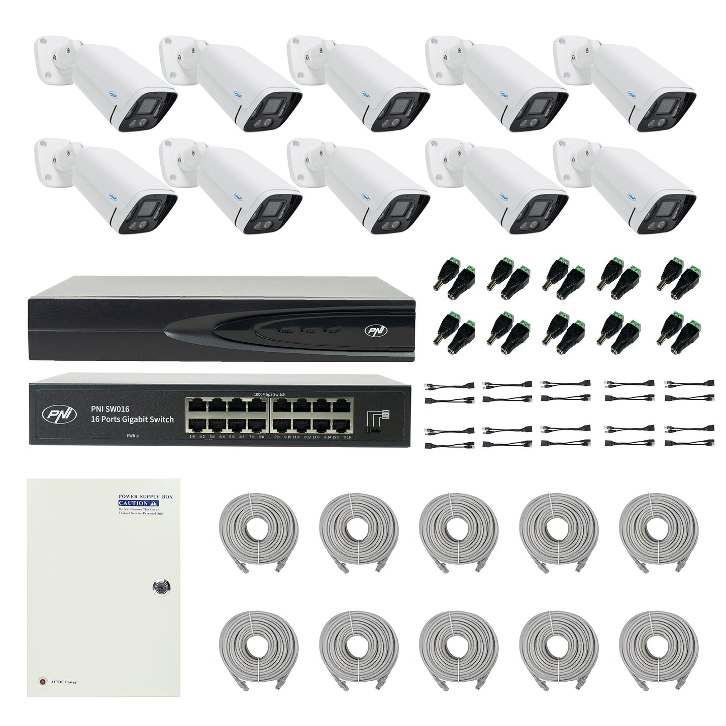 Pachet NVR PNI House IP816 cu 10 camere PNI IP780 4K, sursa, switch, cabluri, mufe si splitere