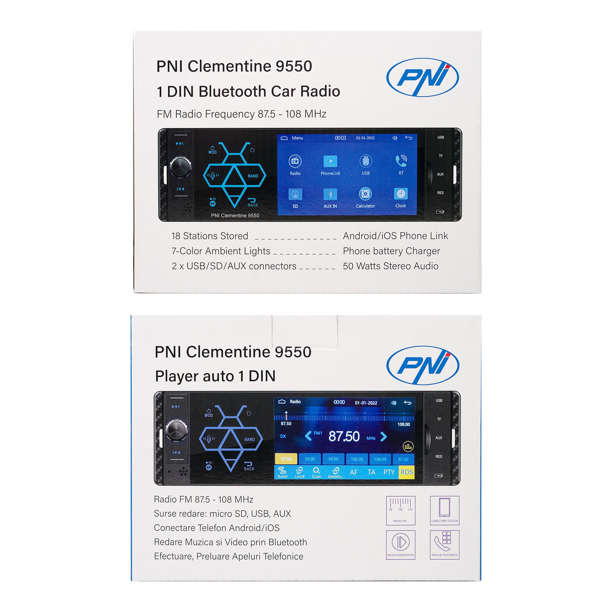 MP5 player auto PNI Clementine 9550 1DIN display 4 inch 50Wx4, Bluetooth, radio FM, Carplay, functie RDS
