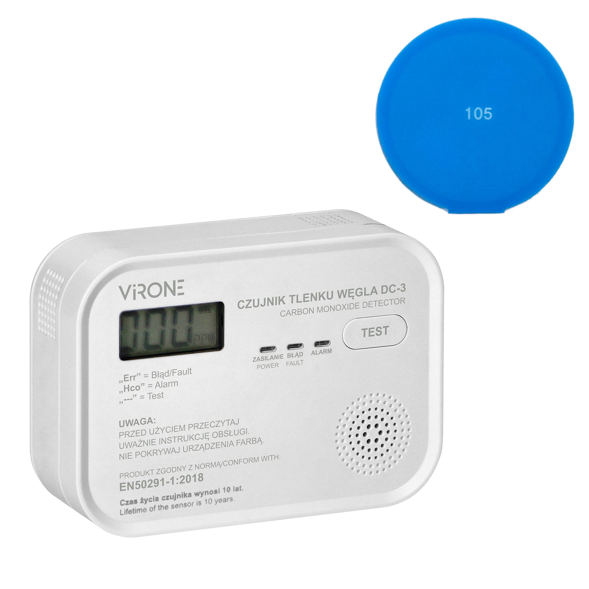 Detector monoxid de carbon VIRONE DC-3, 3 x AA, LCD, buton TEST, alb cu Sticky Pad Blue inclus
