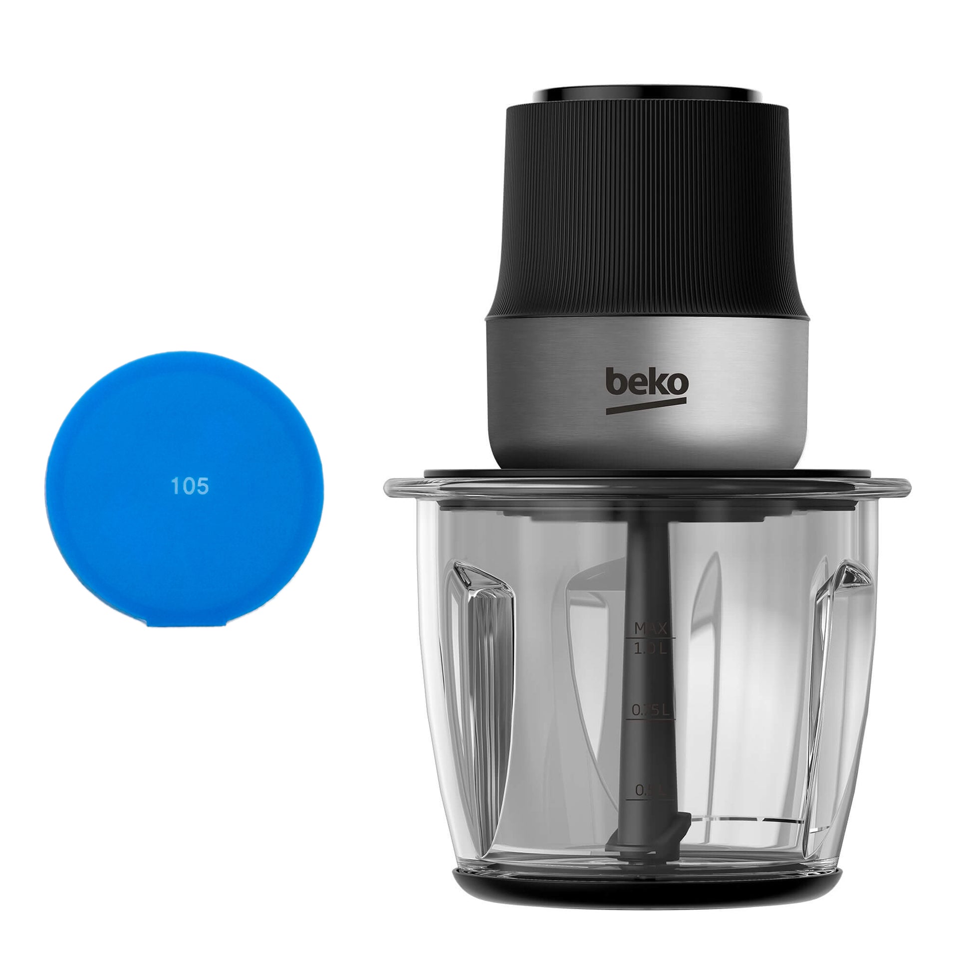 Mini tocator Beko CHG81442BX, 1l, 400W, 2 trepte, 2 cutite otel inoxidabil cu accesoriu Sticky Pad Blue