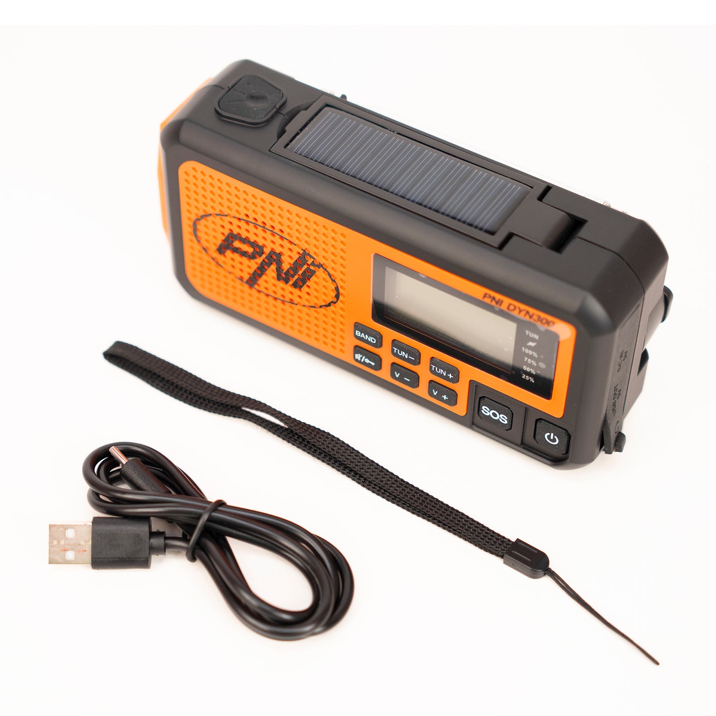 Radio portabil PNI DYN300 cu dinam, incarcare solara, lanterna, powerbank 4000 mAh, SOS, IPX3, orange