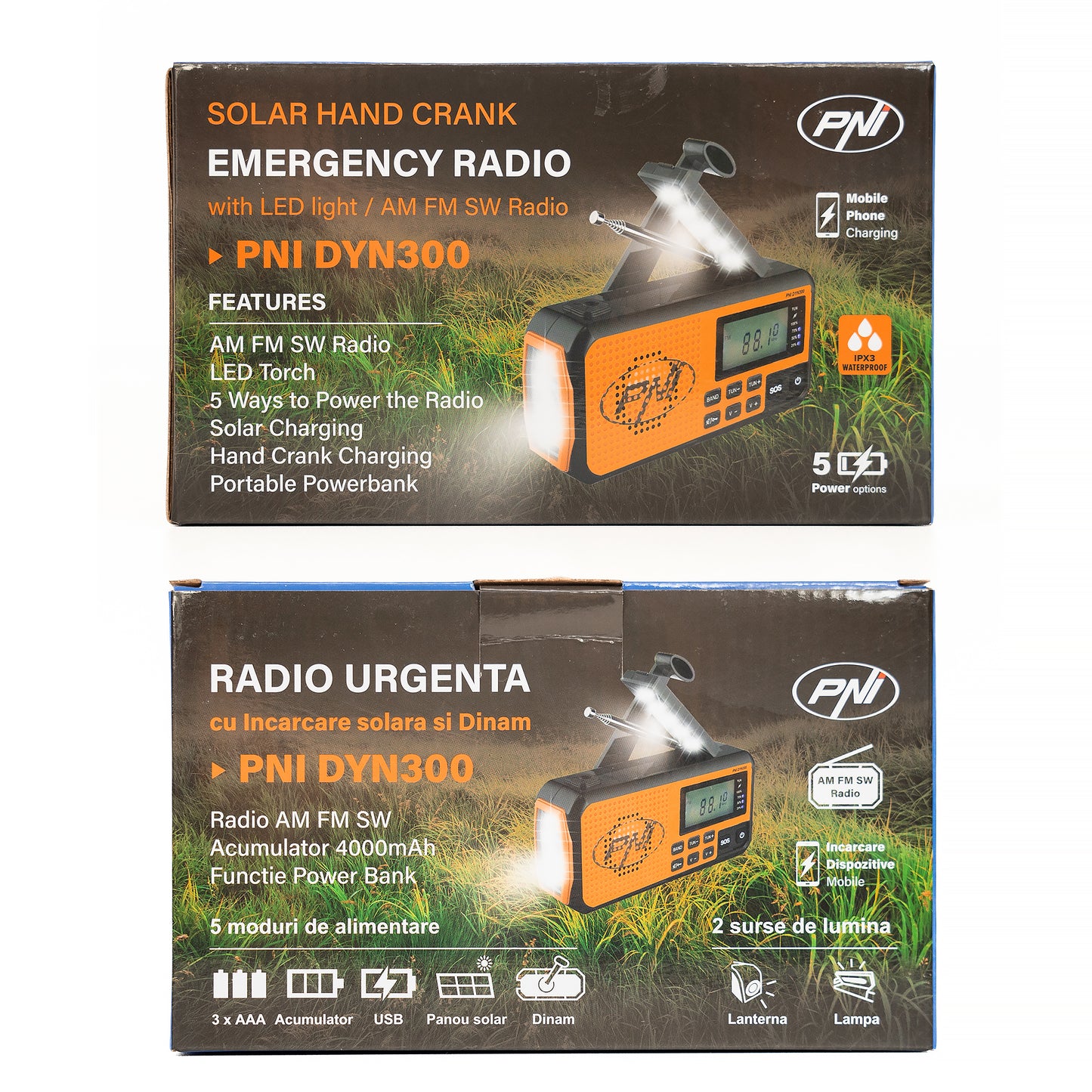 Radio portabil PNI DYN300 cu dinam, incarcare solara, lanterna, powerbank 4000 mAh, SOS, IPX3, orange