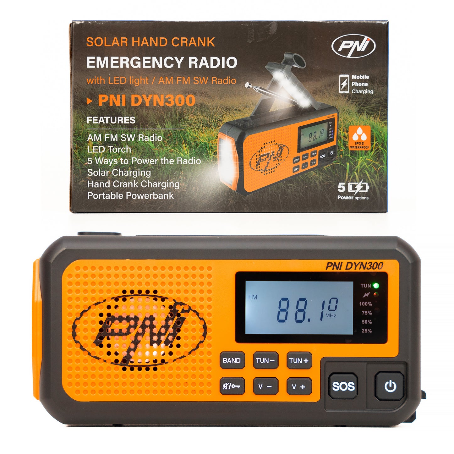 Radio portabil PNI DYN300 cu dinam, incarcare solara, lanterna, powerbank 4000 mAh, SOS, IPX3, orange