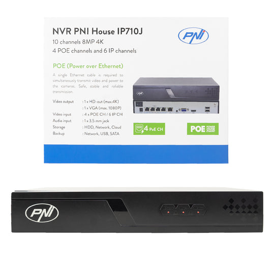 NVR POE PNI House IP710J, 10 canale 4K 8MP, 4 canale POE si 6 canale IP, negru