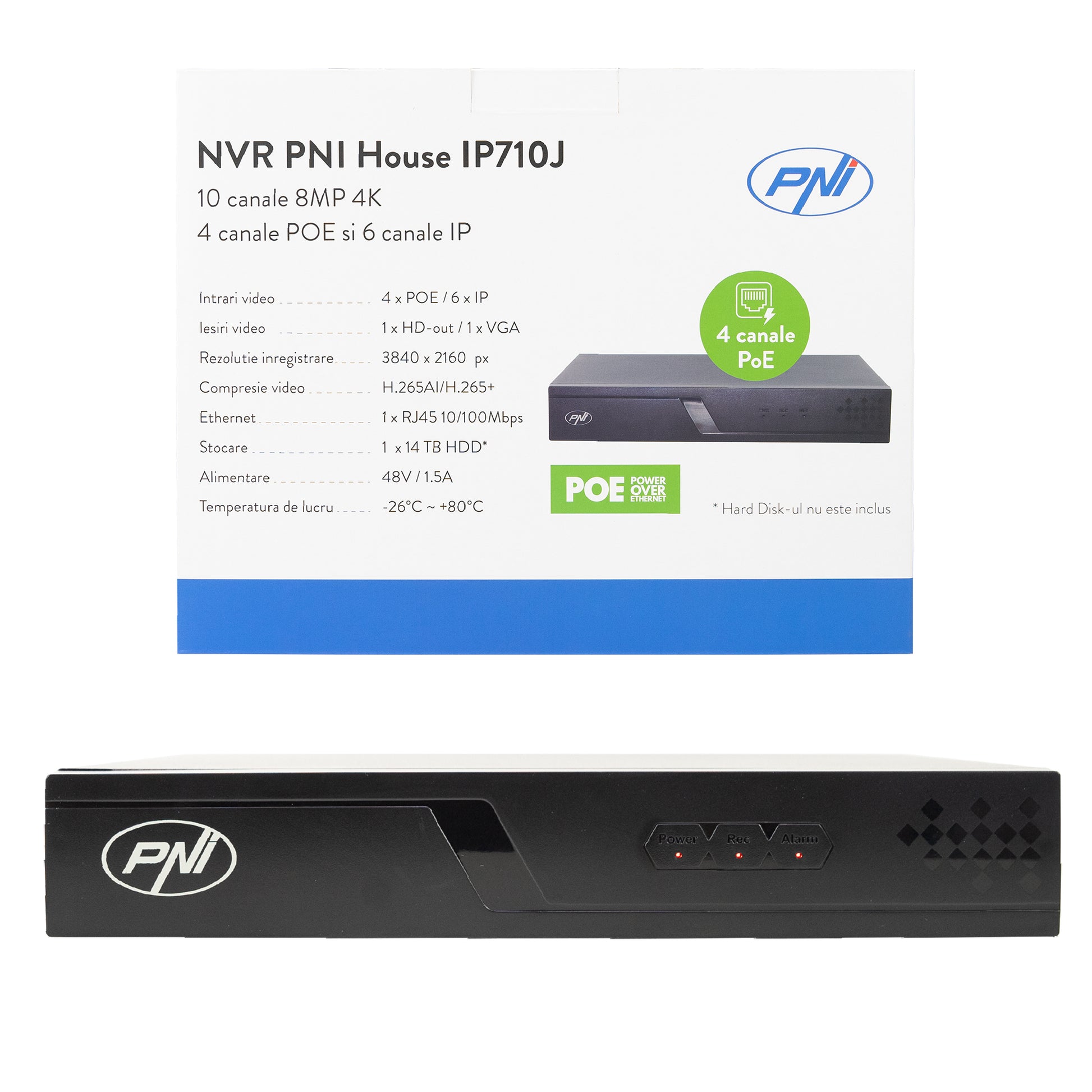 NVR POE PNI House IP710J, 10 canale 4K 8MP, 4 canale POE si 6 canale IP, negru