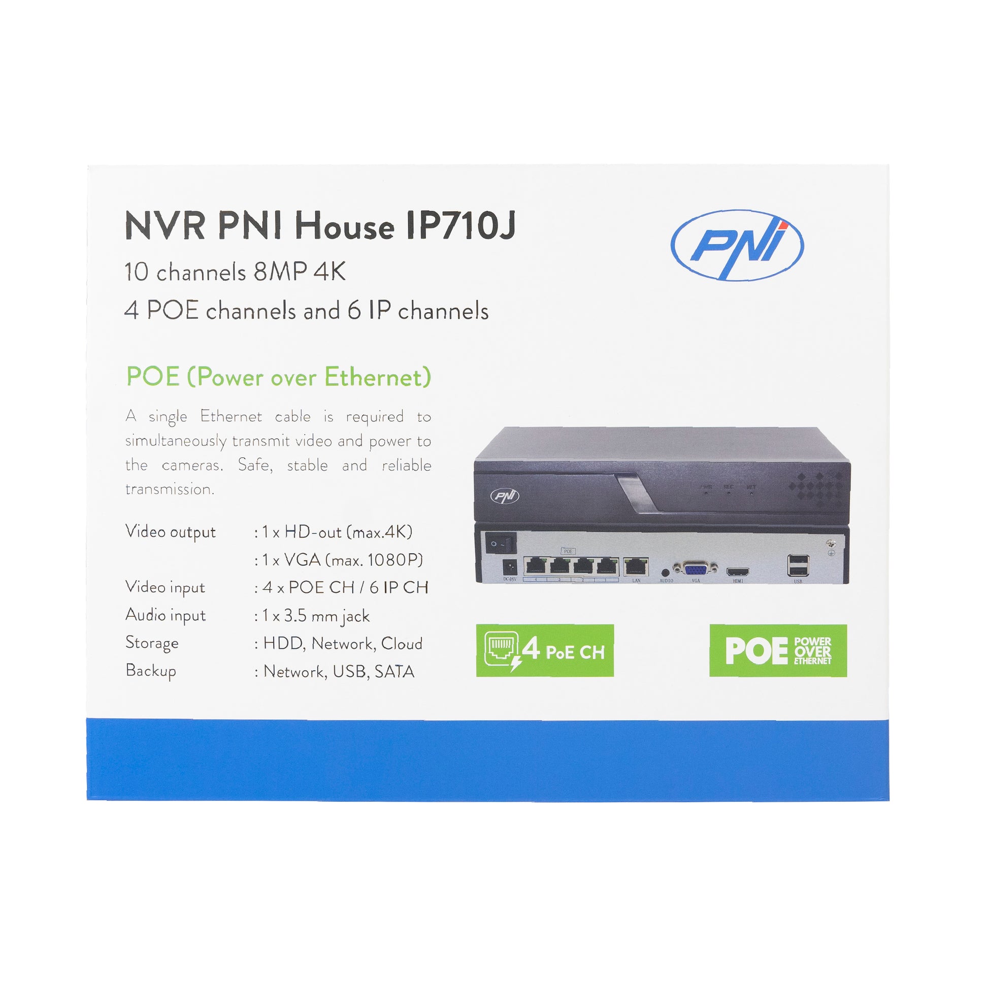 NVR POE PNI House IP710J, 10 canale 4K 8MP, 4 canale POE si 6 canale IP, negru