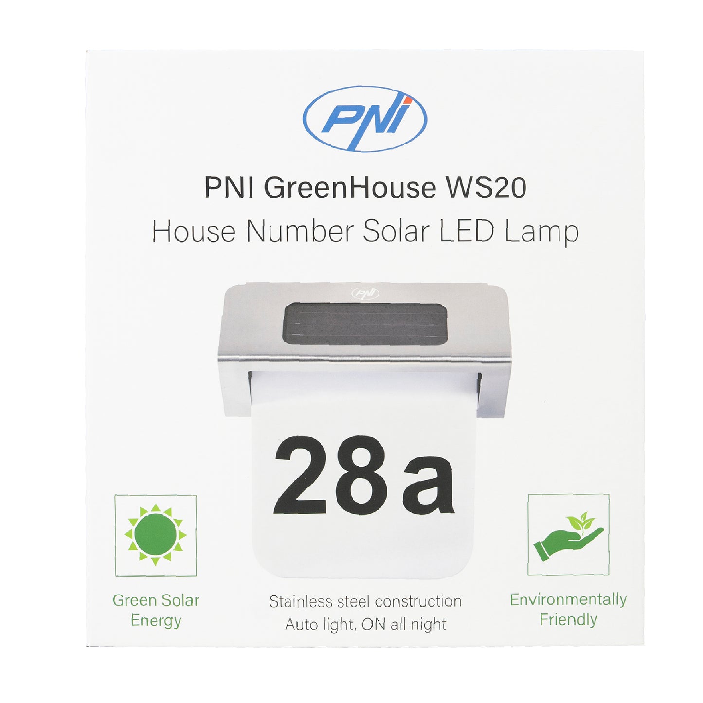 Lampa solara LED PNI GreenHouse WS20 pentru iluminare numar proprietate, acumulator 600mA, montaj pe perete, IPX3