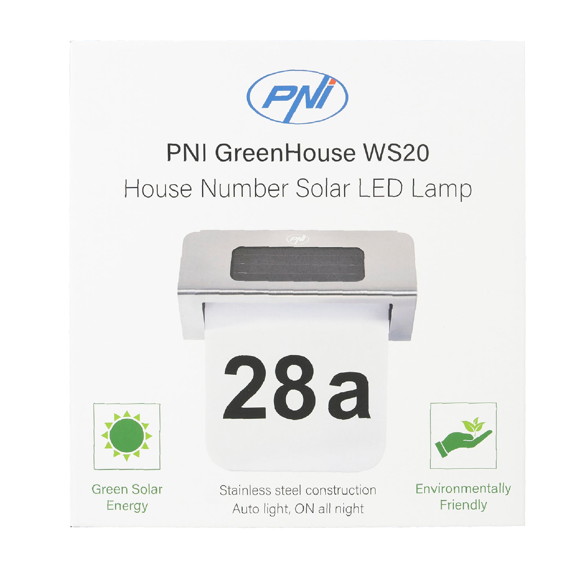 Lampa solara LED PNI GreenHouse WS20 pentru iluminare numar proprietate, acumulator 600mA, montaj pe perete, IPX3