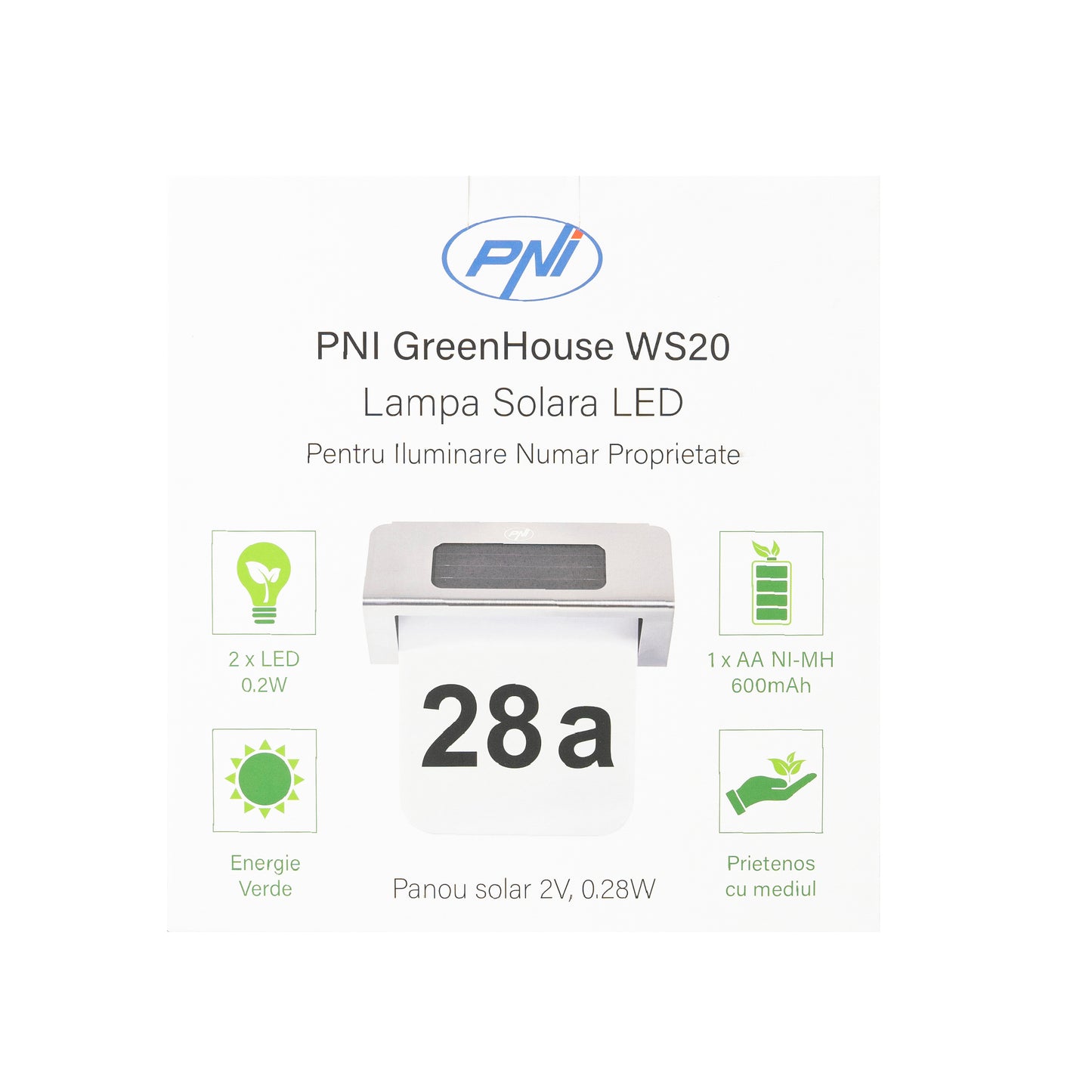 Lampa solara LED PNI GreenHouse WS20 pentru iluminare numar proprietate, acumulator 600mA, montaj pe perete, IPX3