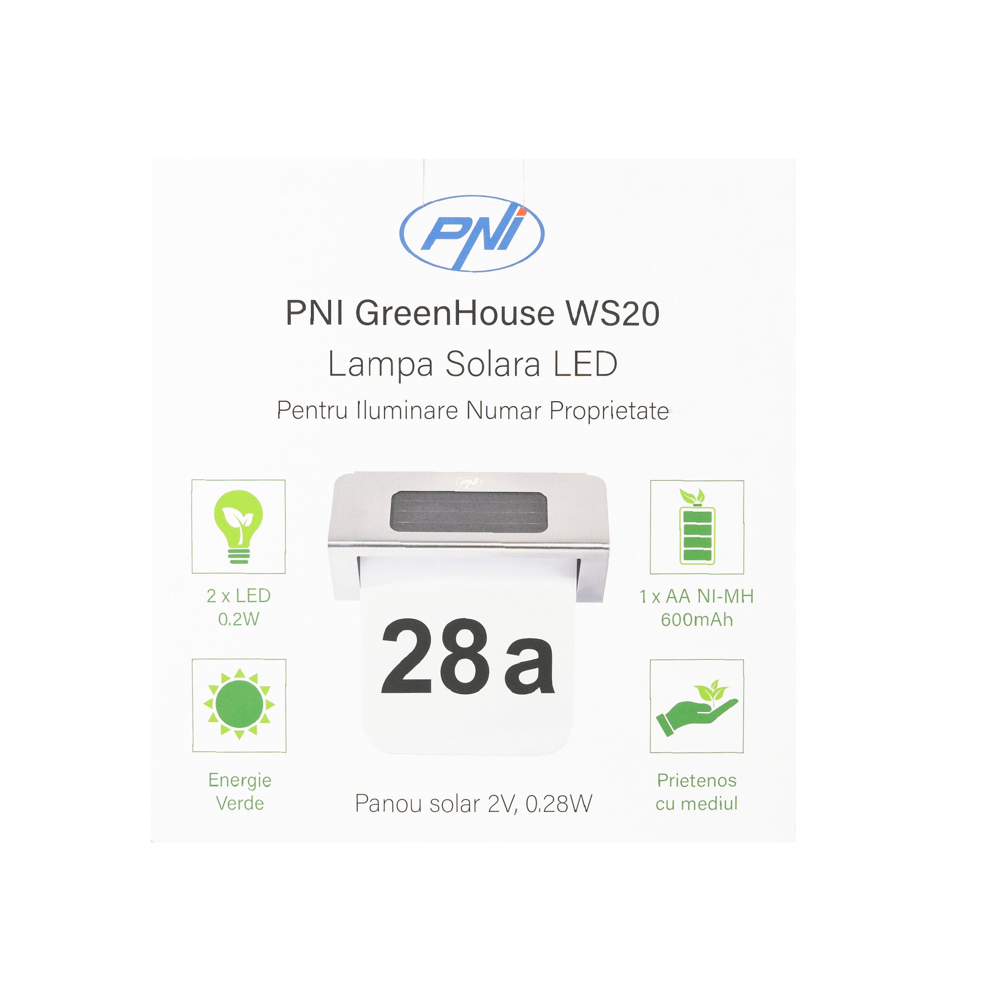Lampa solara LED PNI GreenHouse WS20 pentru iluminare numar proprietate, acumulator 600mA, montaj pe perete, IPX3