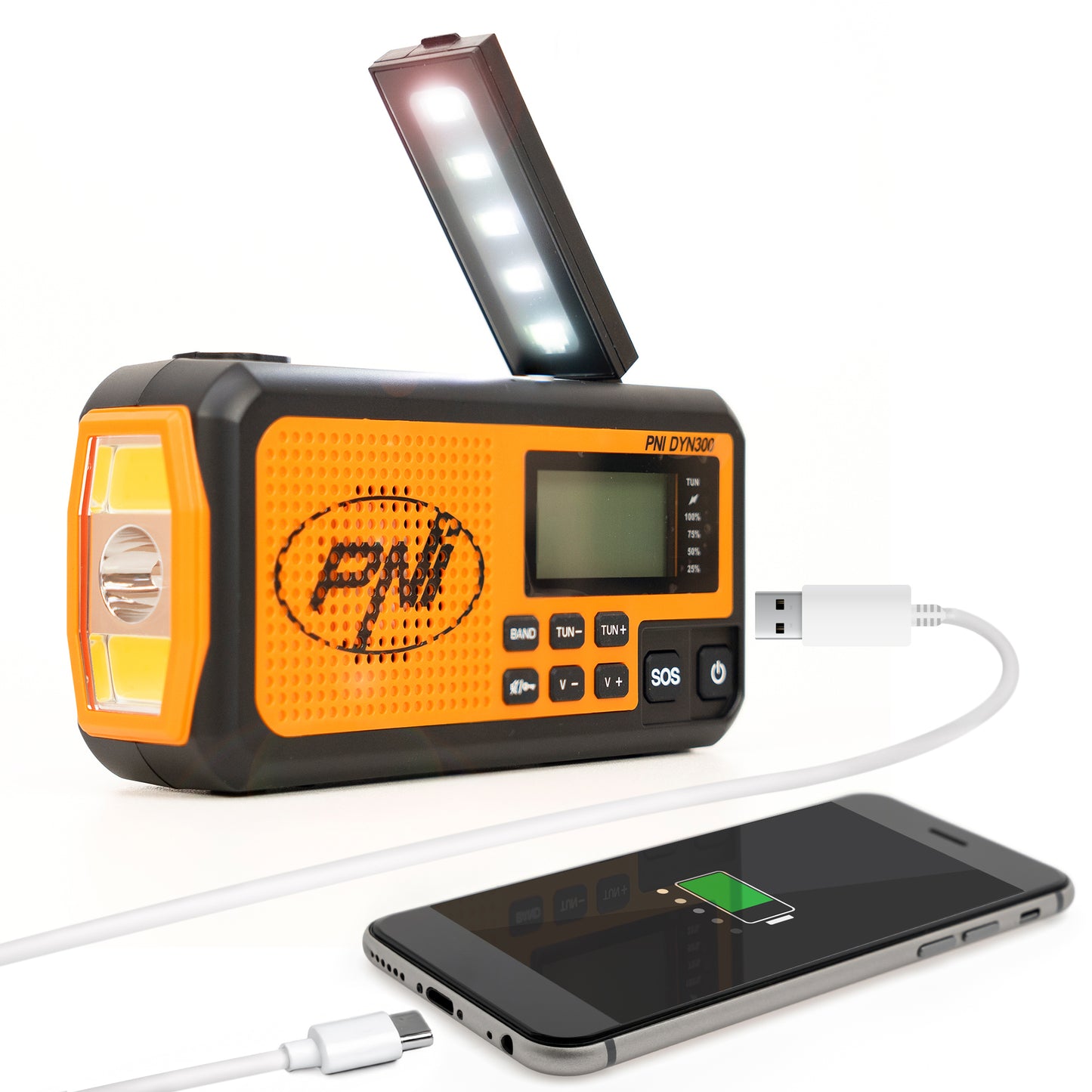Radio portabil PNI DYN300 cu dinam, incarcare solara, lanterna, powerbank 4000 mAh, SOS, IPX3, orange