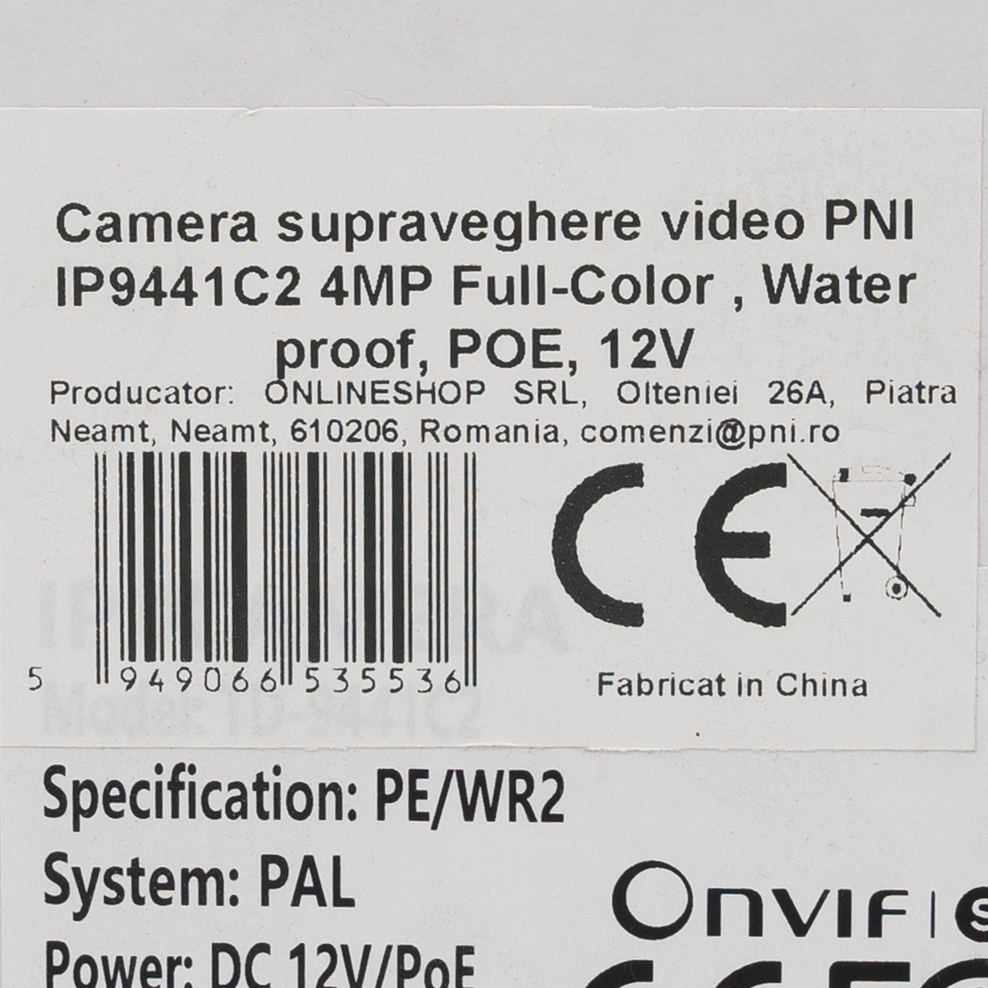 Camera supraveghere video PNI IP9441C2, 4MP, 2.8mm, full-color, WDR, BLC, HLC, slot microSD, 12V, POE, IP67, alb