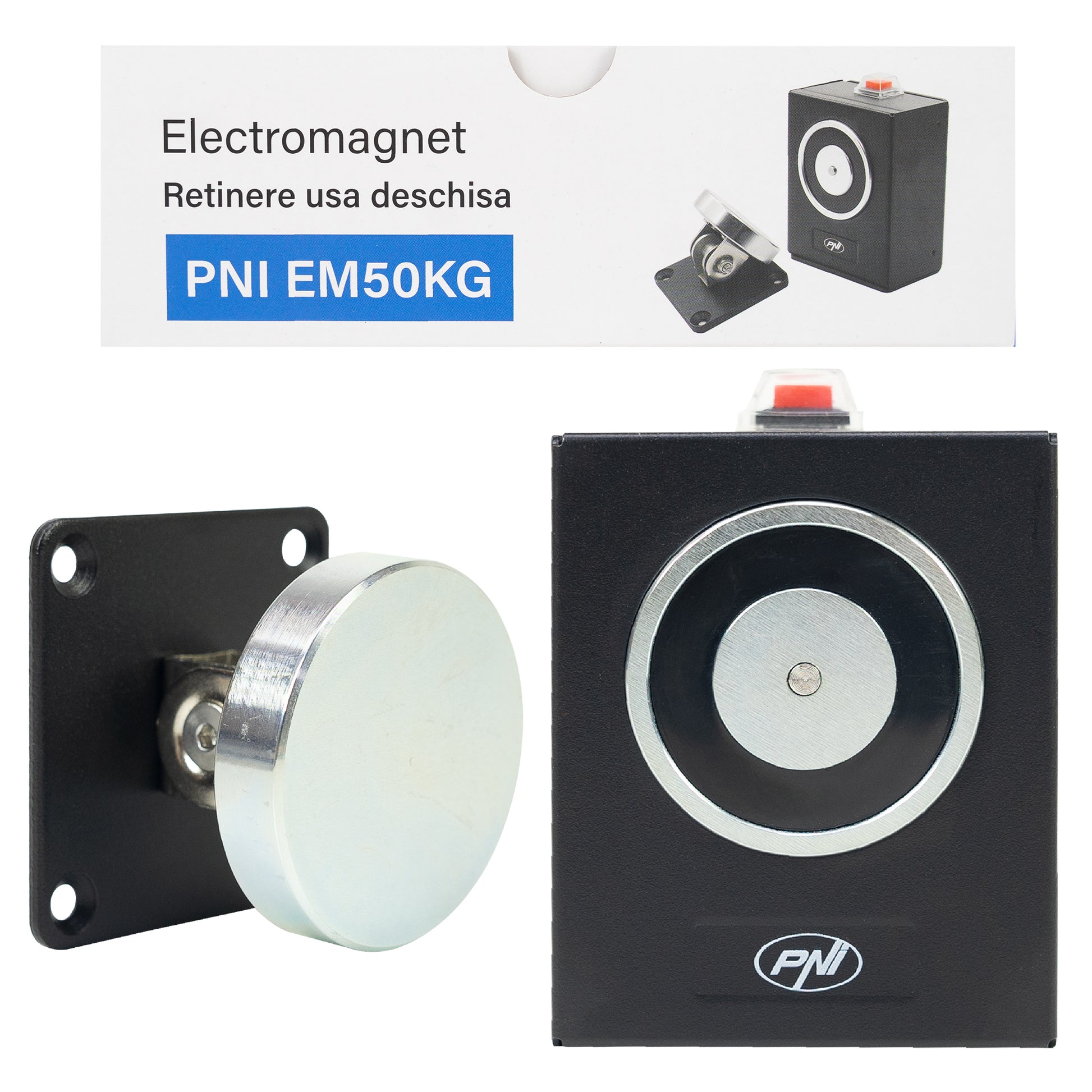 Electromagnet de retinere usa deschisa PNI EM50KG Fail Safe NO prindere pe perete, forta de deschidere 50Kg, 12/24V, negru