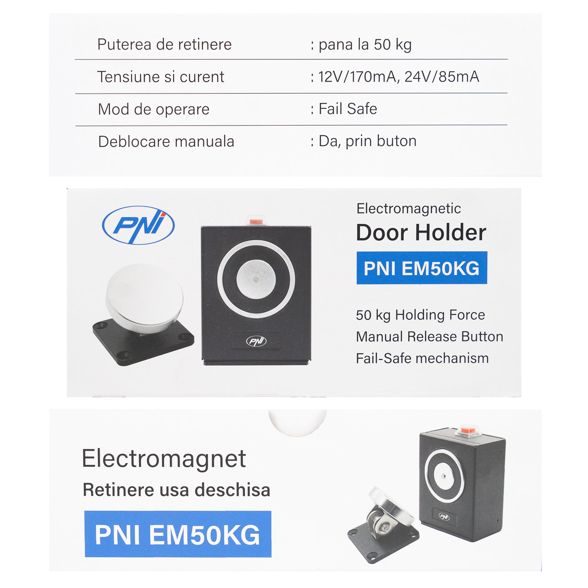Electromagnet de retinere usa deschisa PNI EM50KG Fail Safe NO prindere pe perete, forta de deschidere 50Kg, 12/24V, negru