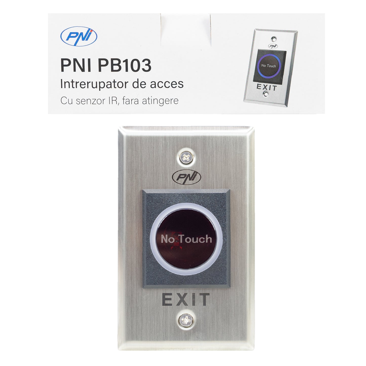 Intrerupator de acces incastrabil PNI PB103, fara atingere, NO/NC/COM, 12V/24V DC, LED stare, metalic, 5 fire