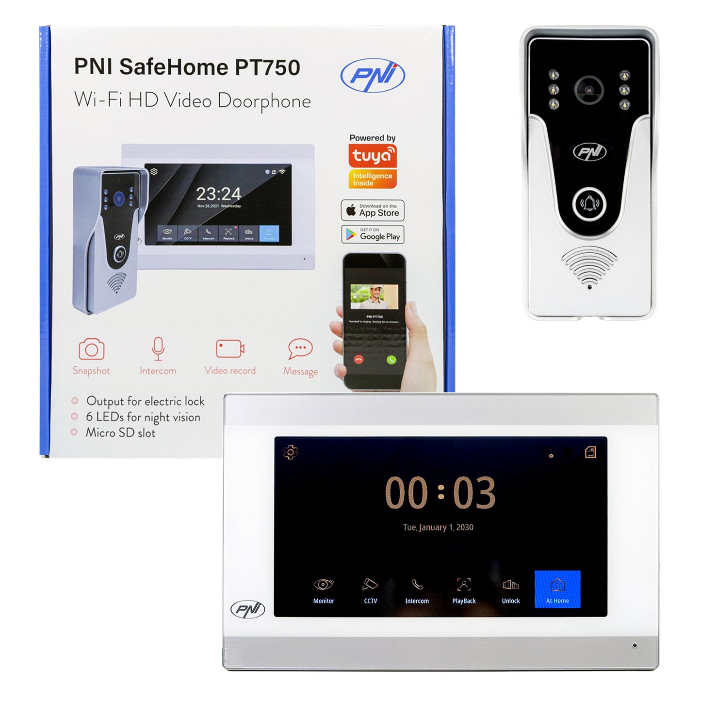 Interfon video inteligent PNI SafeHome PT750 WiFi, rezolutie Full HD 2MP 1080P, P2P, monitor interior, aplicatie dedicata Tuya Smart, integrare in scenarii si automatizari smart cu alte produse compatibile Tuya