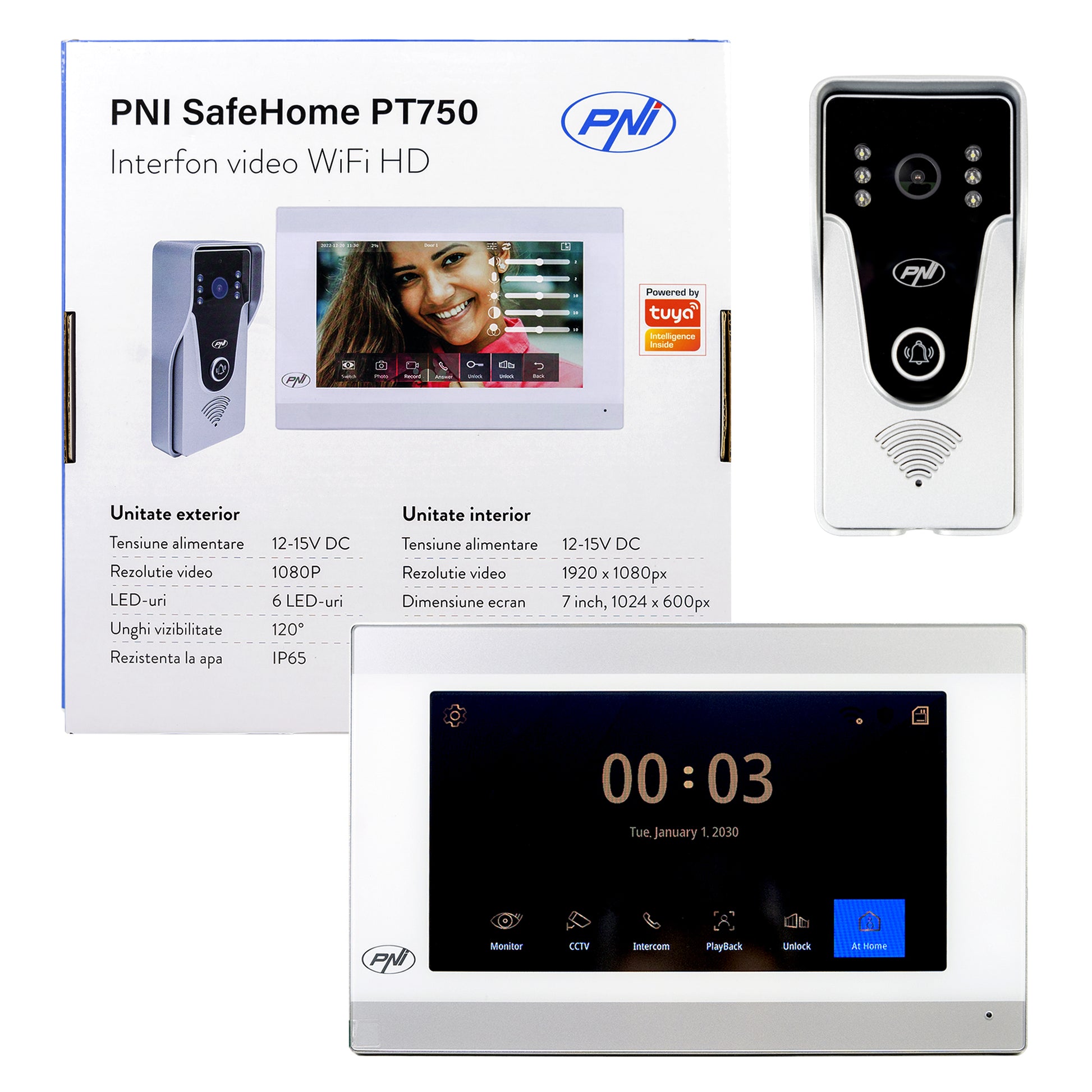 Interfon video inteligent PNI SafeHome PT750 WiFi, rezolutie Full HD 2MP 1080P, P2P, monitor interior, aplicatie dedicata Tuya Smart, integrare in scenarii si automatizari smart cu alte produse compatibile Tuya