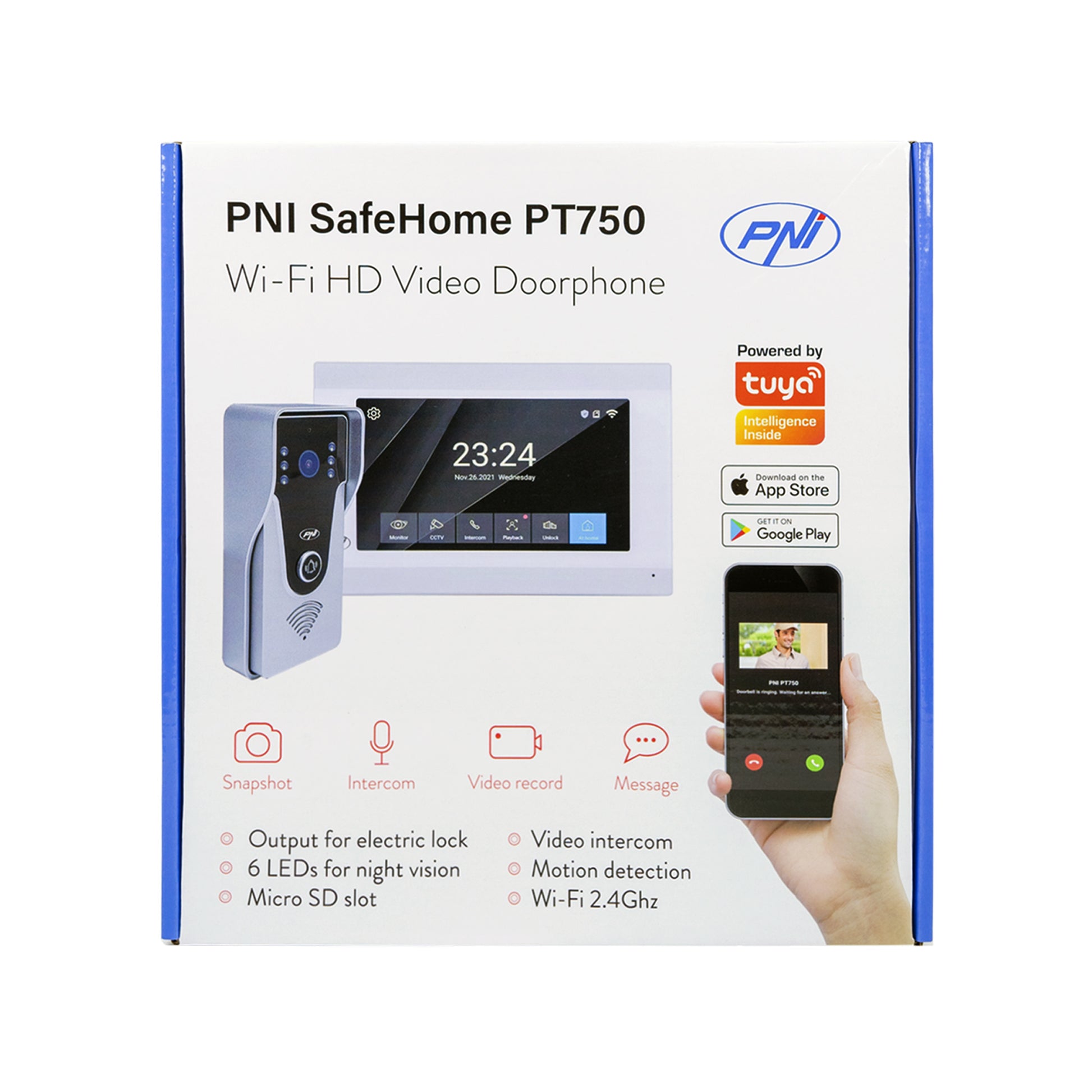 Interfon video inteligent PNI SafeHome PT750 WiFi, rezolutie Full HD 2MP 1080P, P2P, monitor interior, aplicatie dedicata Tuya Smart, integrare in scenarii si automatizari smart cu alte produse compatibile Tuya