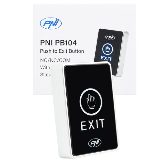 Intrerupator de acces PNI PB104, cu touch, montaj aplicat, NO/NC/COM, 12V/24V DC, LED stare, metalic, 5 fire, IP65