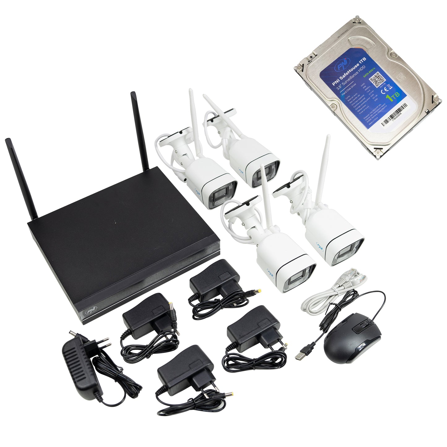 Pachet supraveghere video PNI House WiFi660 NVR cu 4 camere wireless, 3MP si HDD PNI SafeHouse 1TB, 3.5" inclus