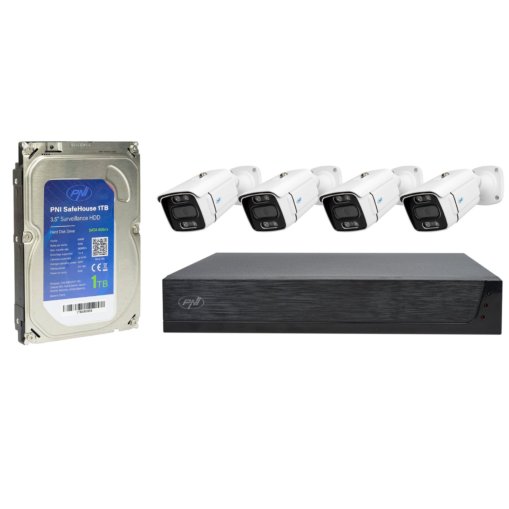 Kit supraveghere video PNI House IPMAX POE 3LR, NVR cu 4 porturi POE cu 4 camere cu IP 3MP, de exterior si HDD PNI SafeHouse 1TB inclus