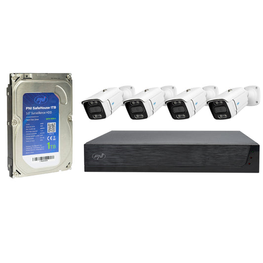 Kit supraveghere video PNI House IPMAX POE 3LR, NVR cu 4 porturi POE cu 4 camere cu IP 3MP, de exterior si HDD PNI SafeHouse 1TB inclus