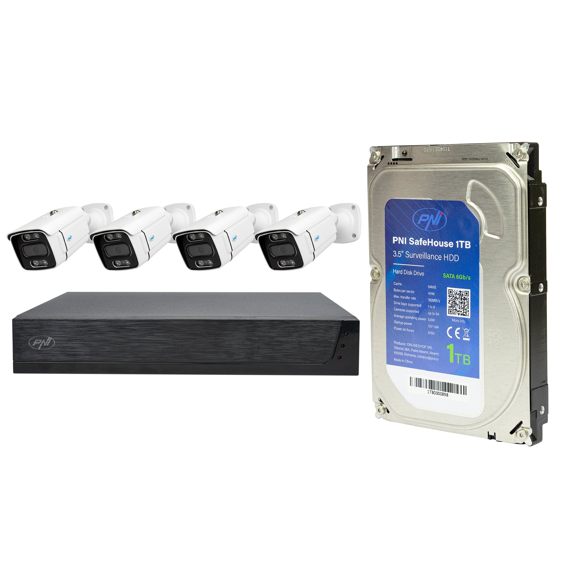 Kit supraveghere video PNI House IPMAX POE 3, NVR cu 4 porturi POE cu 4 camere cu IP 3MP, de exterior si HDD PNI SafeHouse 1TB inclus
