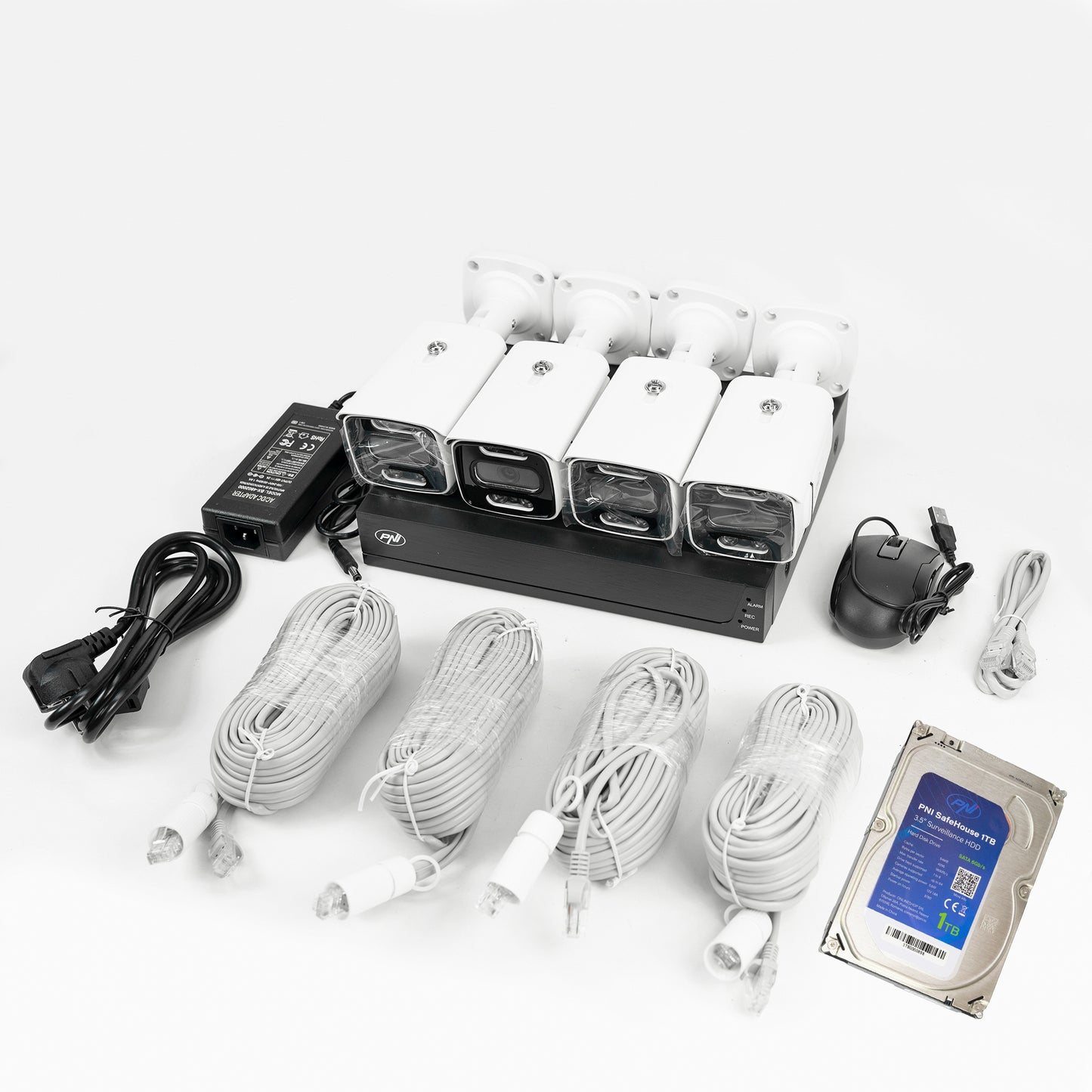 Kit supraveghere video PNI House IPMAX POE 3, NVR cu 4 porturi POE cu 4 camere cu IP 3MP, de exterior si HDD PNI SafeHouse 1TB inclus