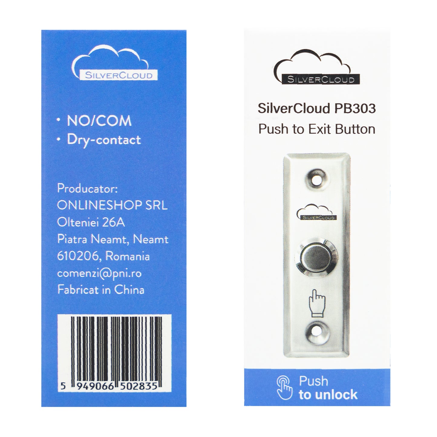 Buton de acces incastrabil SilverCloud PB303, contact iesire NO/COM, max. 12V/24V 3A, otel inoxidabil