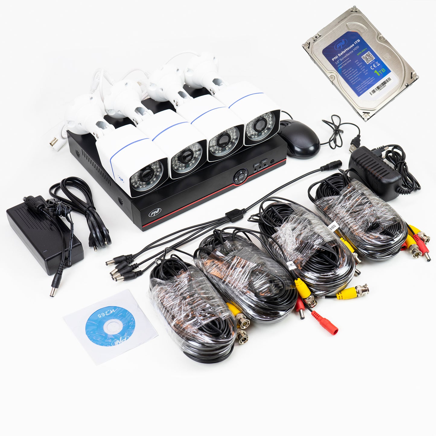 Kit supraveghere video AHD PNI House PTZ1500 cu 4 camere exterior 5MP si PNI SafeHouse 1TB inclus