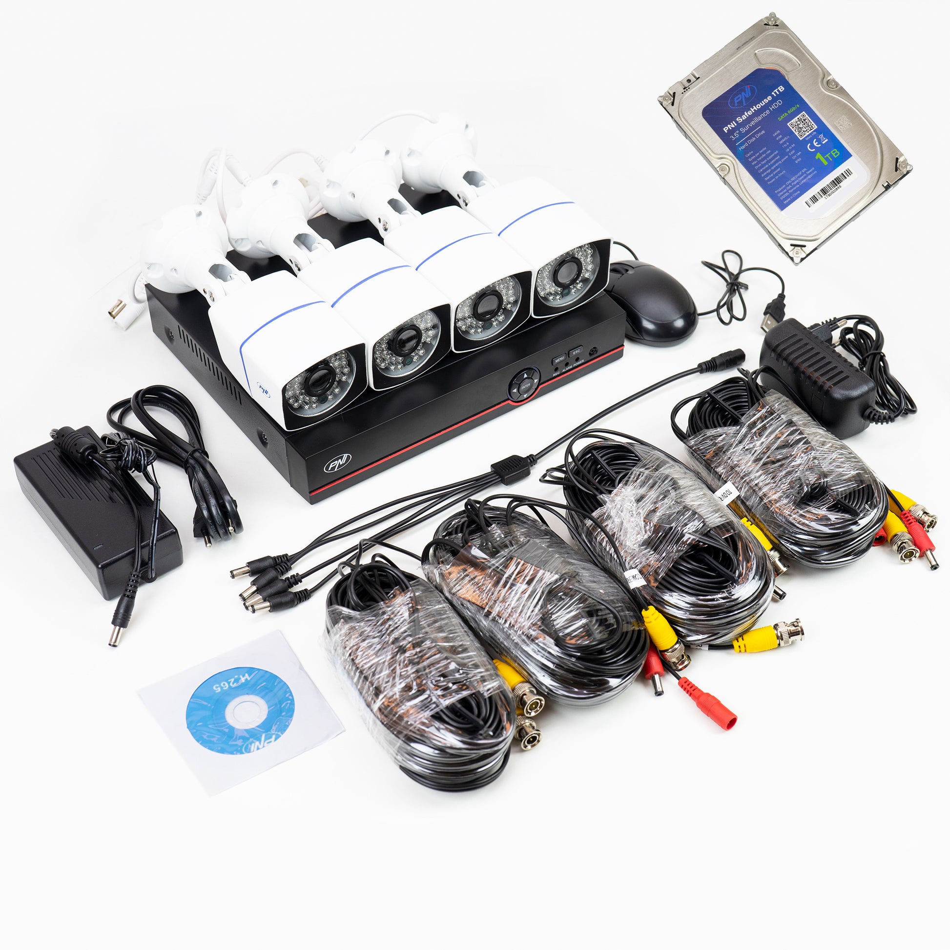 Kit supraveghere video AHD PNI House PTZ1500 cu 4 camere exterior 5MP si PNI SafeHouse 1TB inclus