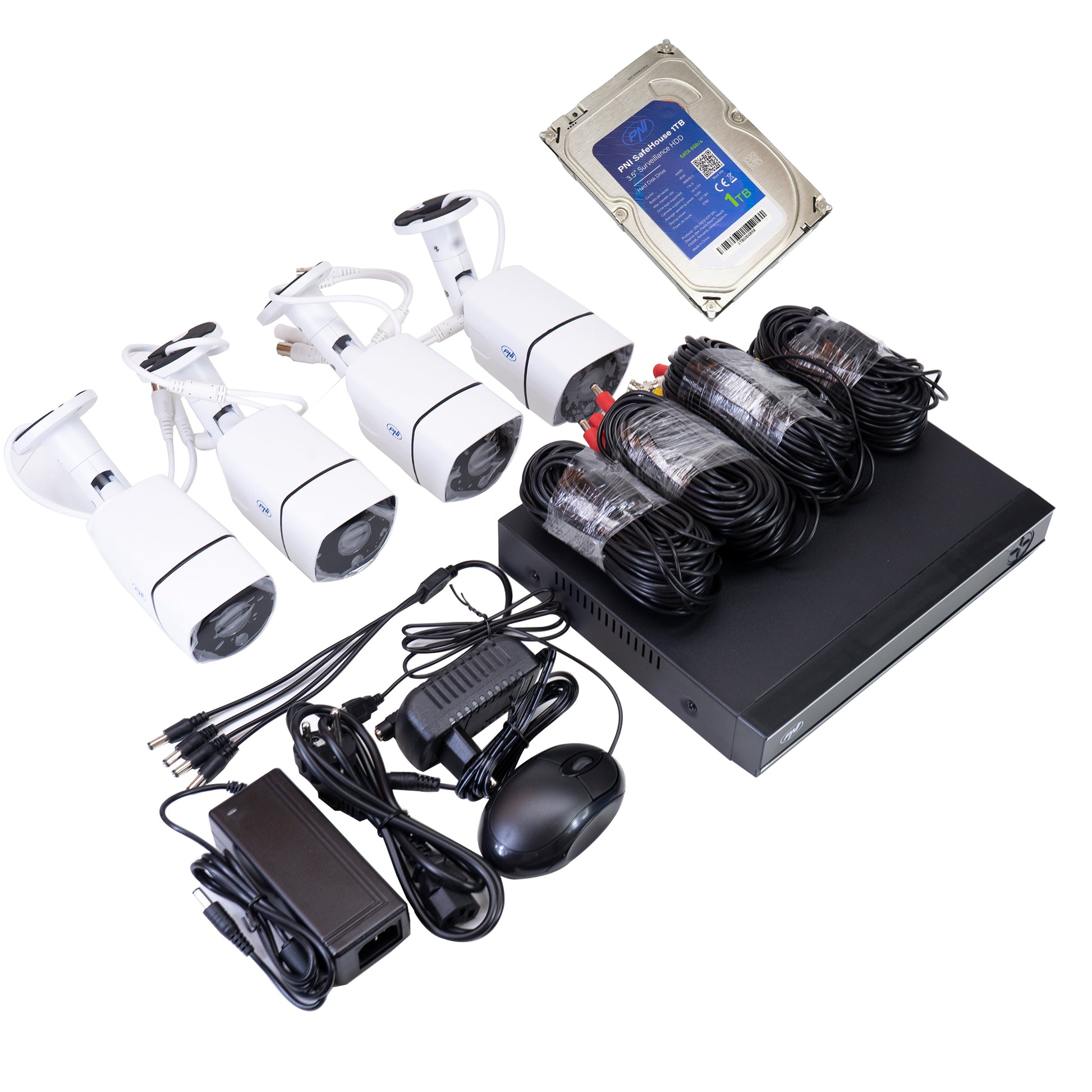 Pachet Kit supraveghere video AHD PNI House PTZ1350 Full HD cu 4 camere exterior 2MP, 1080P si PNI SafeHouse 1TB inclus