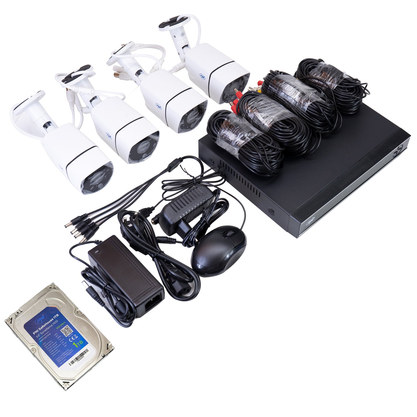 Kit supraveghere video AHD PNI House PTZ1300 Full HD cu 4 camere exterior 2MP, 1080P si PNI SafeHouse 1TB inclus