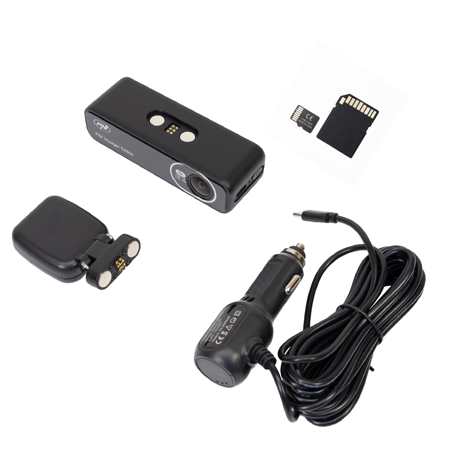 Pachet Camera auto DVR PNI Voyager S2600, WiFi, 4K Ultra HD, GPS si card de memorie microSD 128GB inclus