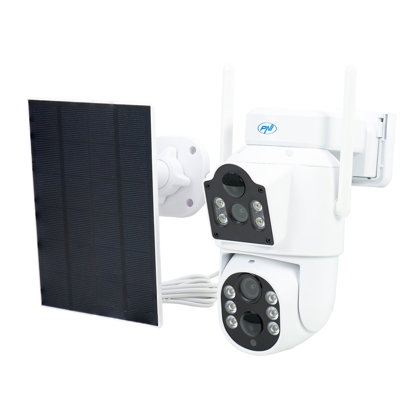 Pachet Camera supraveghere video PNI IP792, dual lens 2MP + 2MP, panou solar 3W si card de memorie MicroSD PNI 128GB inclus