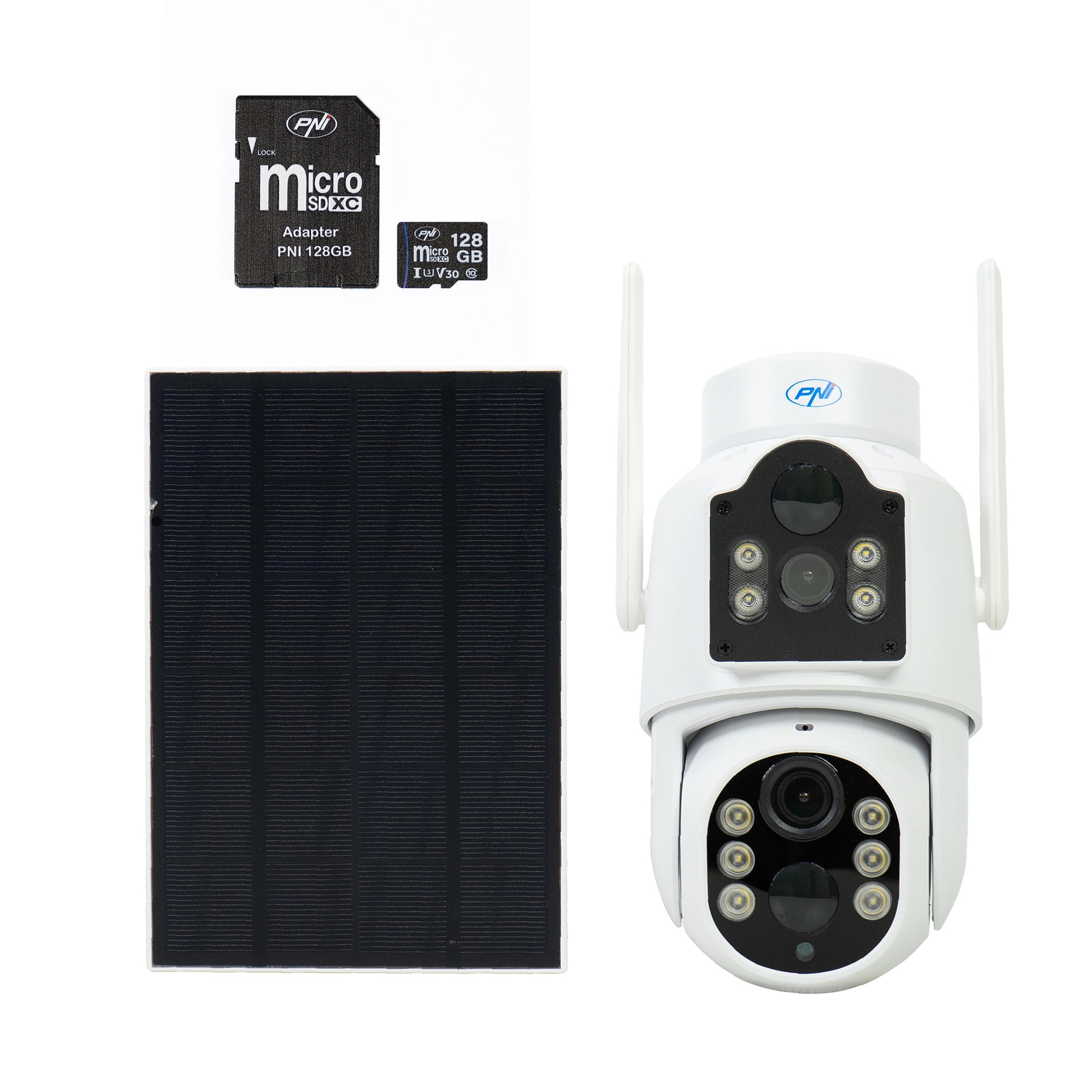 Pachet Camera supraveghere video PNI IP792, dual lens 2MP + 2MP, panou solar 3W si card de memorie MicroSD PNI 128GB inclus
