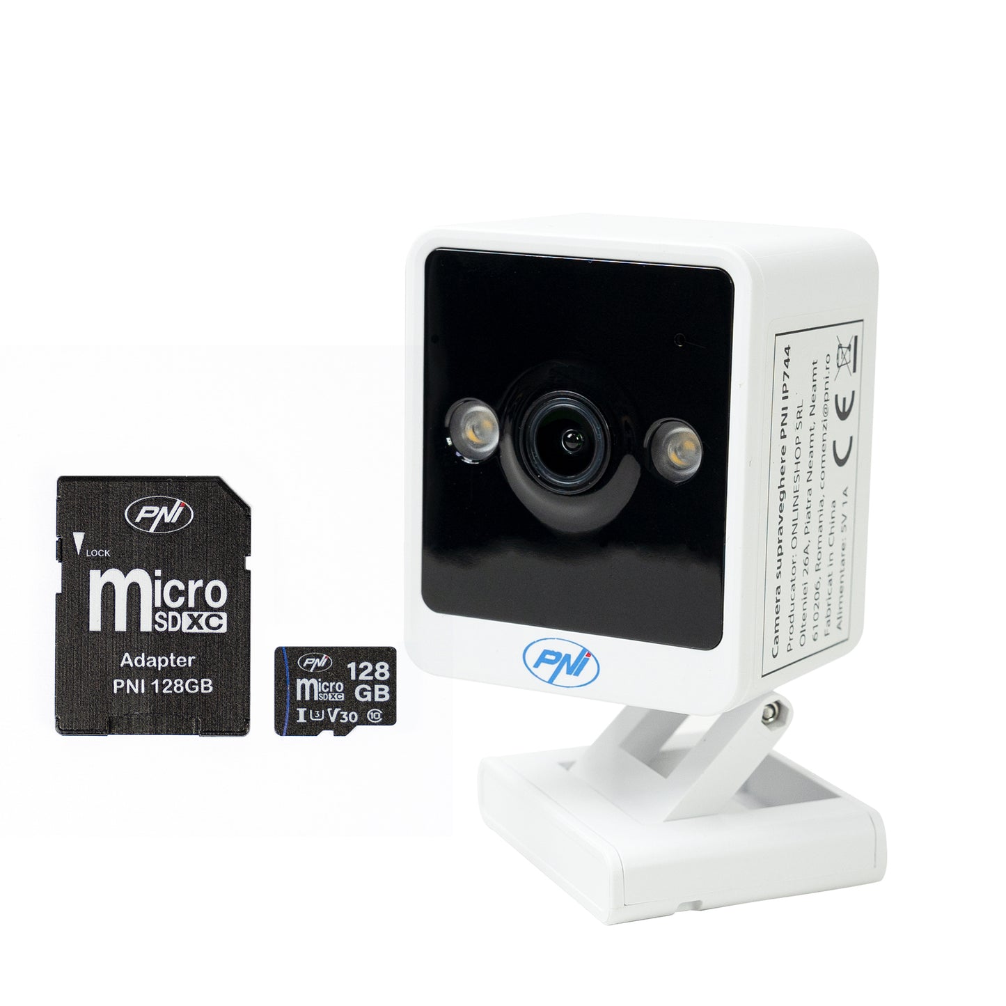 Pachet Camera supraveghere video PNI IP744 4MP cu IP, detectie miscare + Card de memorie MicroSD PNI 128GB cu adaptor SD