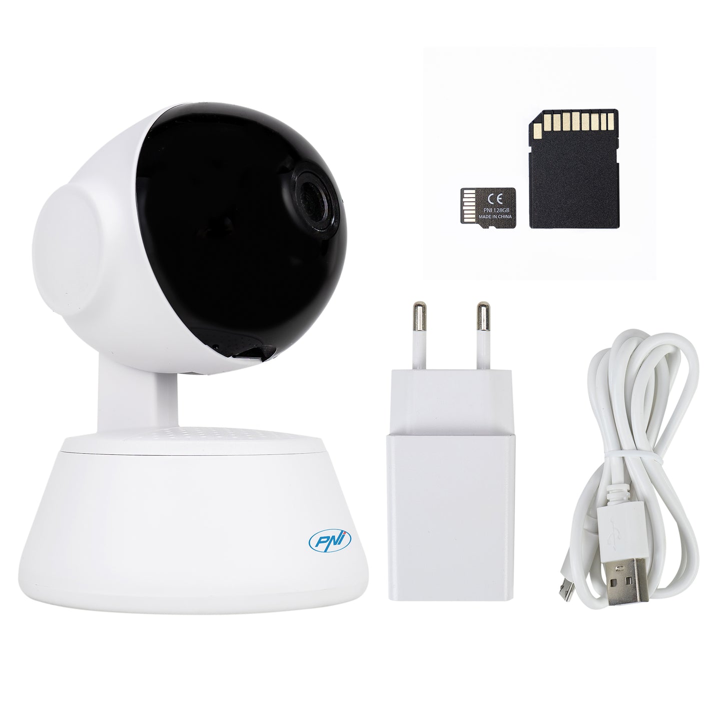 Pachet Camera supraveghere video PNI IP720LR, 1080P, 2MP, IP, P2P, PTZ si card de memorie microSD PNI 128GB inclus