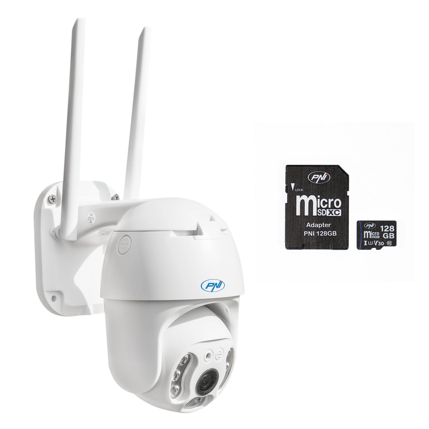 Pachet Camera supraveghere video PNI IP65 live PTZ 5MP, GSM 4G + Card de memorie MicroSD PNI 128GB cu adaptor SD
