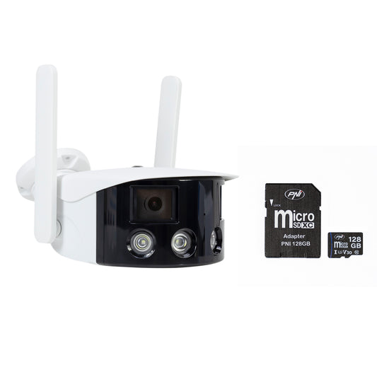 Pachet Camera supraveghere video PNI IP590, wireless, cu IP, Dual lens, 2 x 2MP + Card de memorie MicroSD PNI 128GB cu adaptor SD