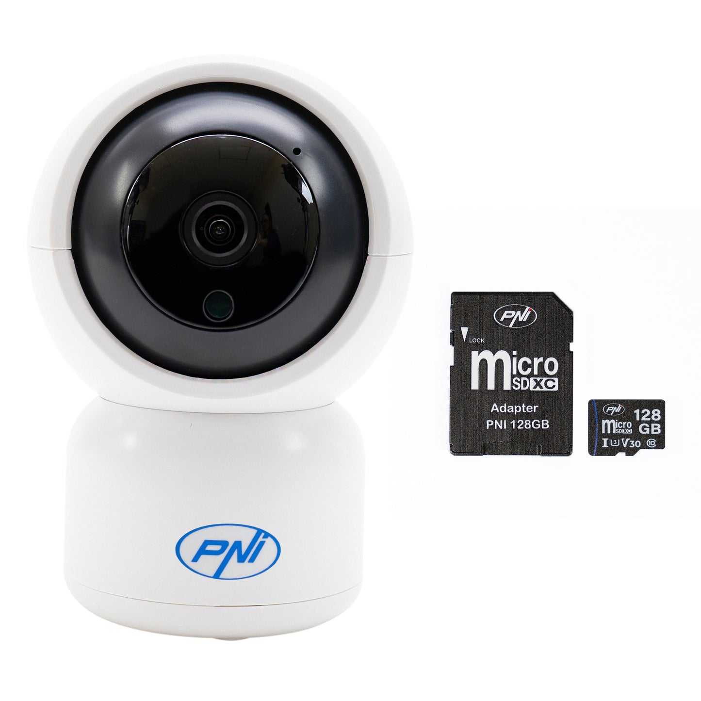 Pachet Camera supraveghere video PNI IP390T 1080P cu PTZ WiFi H264+Card de memorie MicroSD PNI 128GB cu adaptor SD