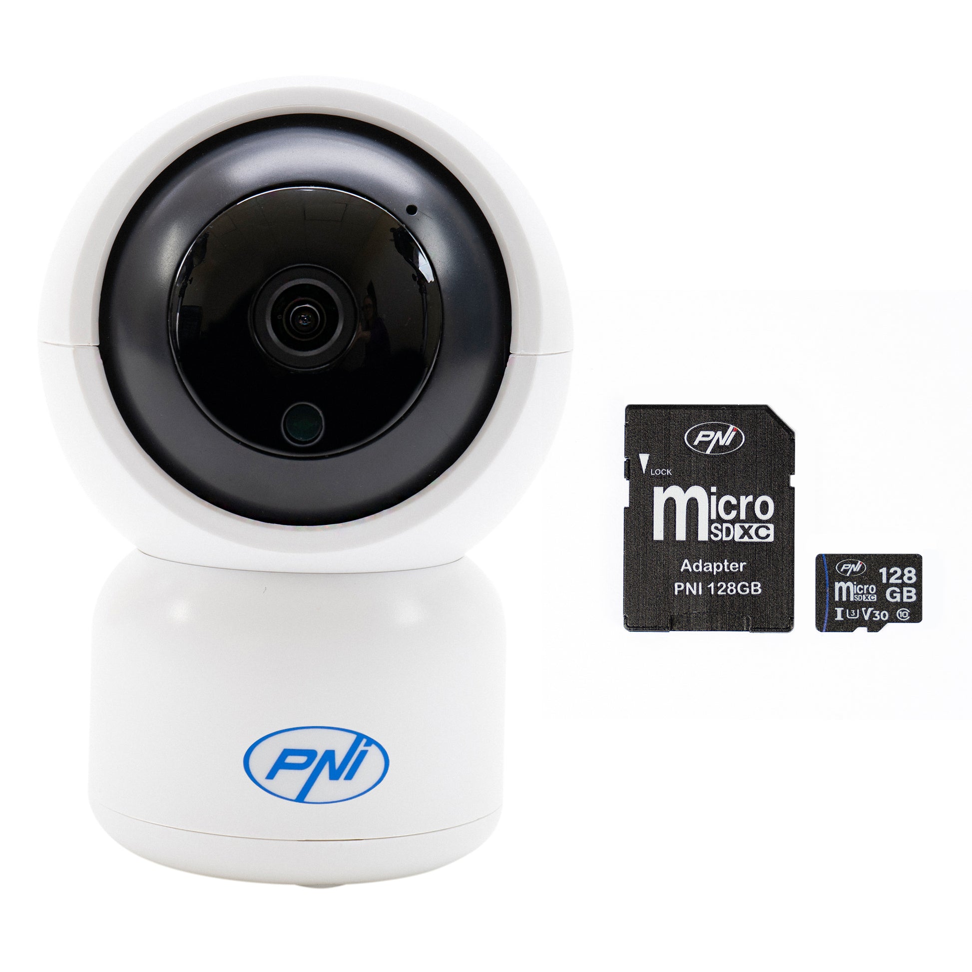 Pachet Camera supraveghere video PNI IP390T 1080P cu PTZ WiFi H264+Card de memorie MicroSD PNI 128GB cu adaptor SD