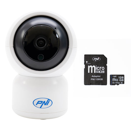 Pachet Camera supraveghere video PNI IP390T 1080P cu PTZ WiFi H264+Card de memorie MicroSD PNI 128GB cu adaptor SD
