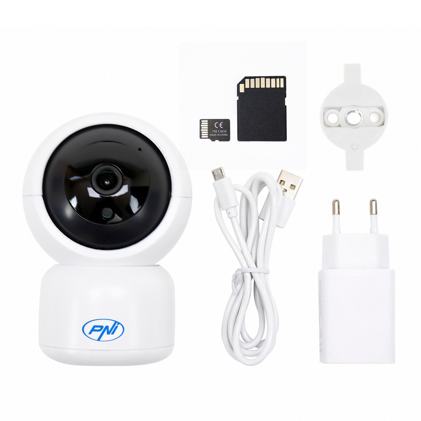 Pachet Camera supraveghere video PNI IP390T 1080P cu PTZ WiFi H264+Card de memorie MicroSD PNI 128GB cu adaptor SD
